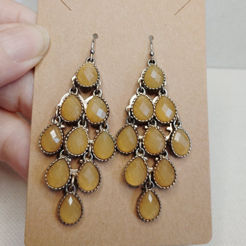 Silver Tone Chandelier Dangle Earrings with Golden Yellow Teardrop Beads